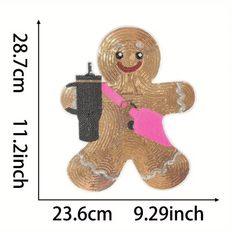 Gingerbread Girl Sequin Patch with Pink Bag & Drink