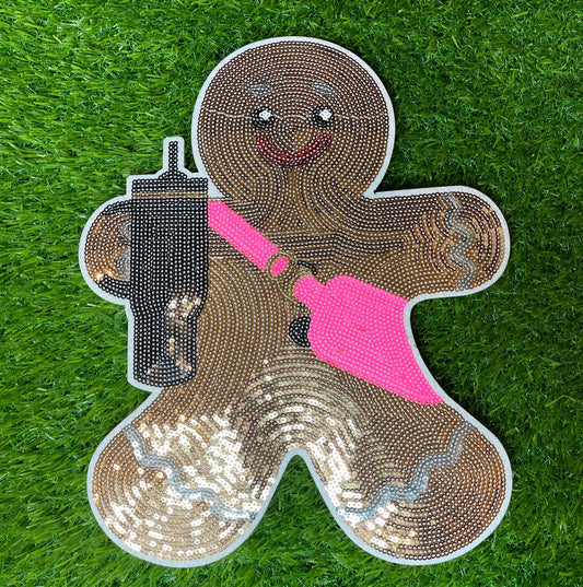Gingerbread Girl Sequin Patch with Pink Bag & Drink